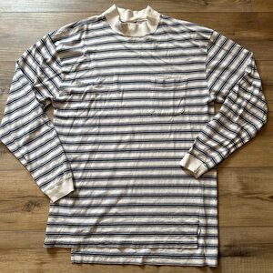 Vintage 90s Eddie Bauer Mock Neck Striped Long Sleeve Tee Cream Navy Grunge M L